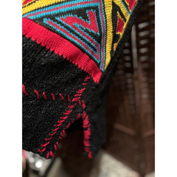 Boho Turtleneck‎ Sweater M Black Knit Pullover Geometric Colorful Design - Picture 3 of 12